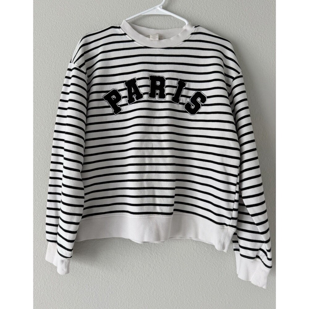 H&M Women’s White/Black Striped Crew Neck Paris Graphic Fleece Sweatshirt S